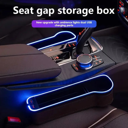 Car Crevice Storage Box With 2 USB Charger Colorful LED Car Seat Gap Filler