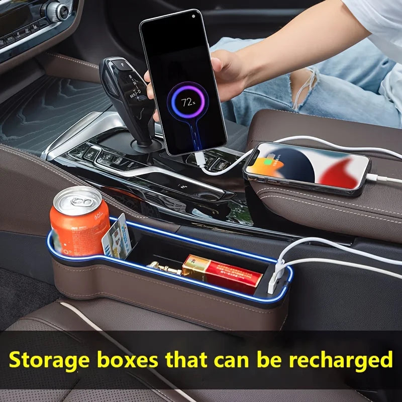 Car Crevice Storage Box With 2 USB Charger Colorful LED Car Seat Gap Filler